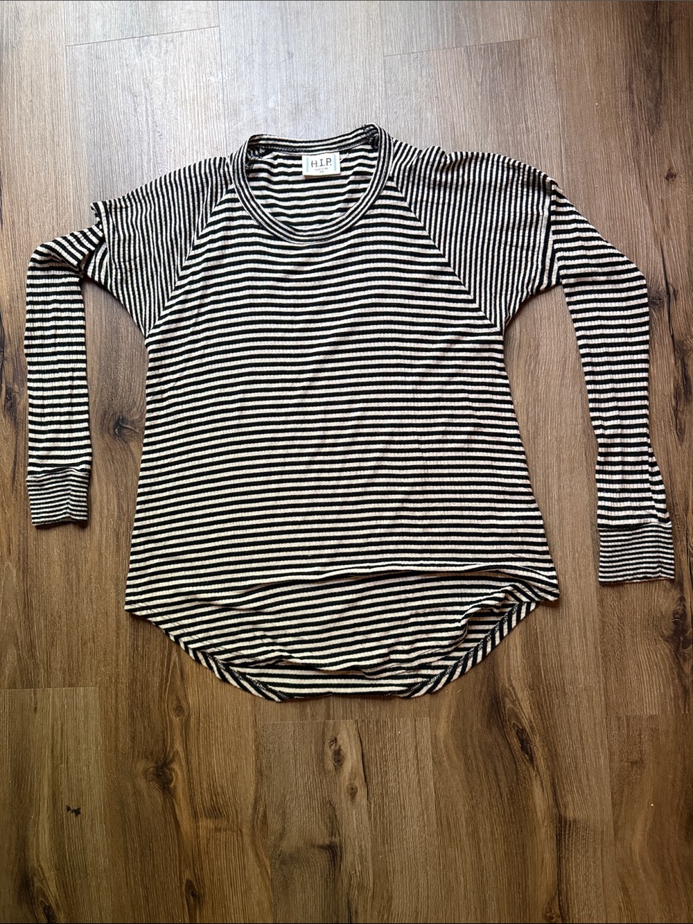 h.i.p. Black and Cream Striped Long-Sleeve Crewneck Top